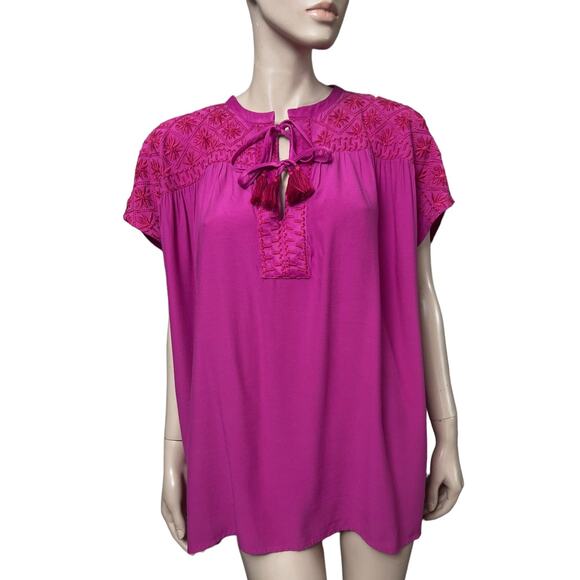 Johnny Was Calme Boho Double Tassel Top Embroidery Blouse L Raspberry Color - Picture 5 of 13